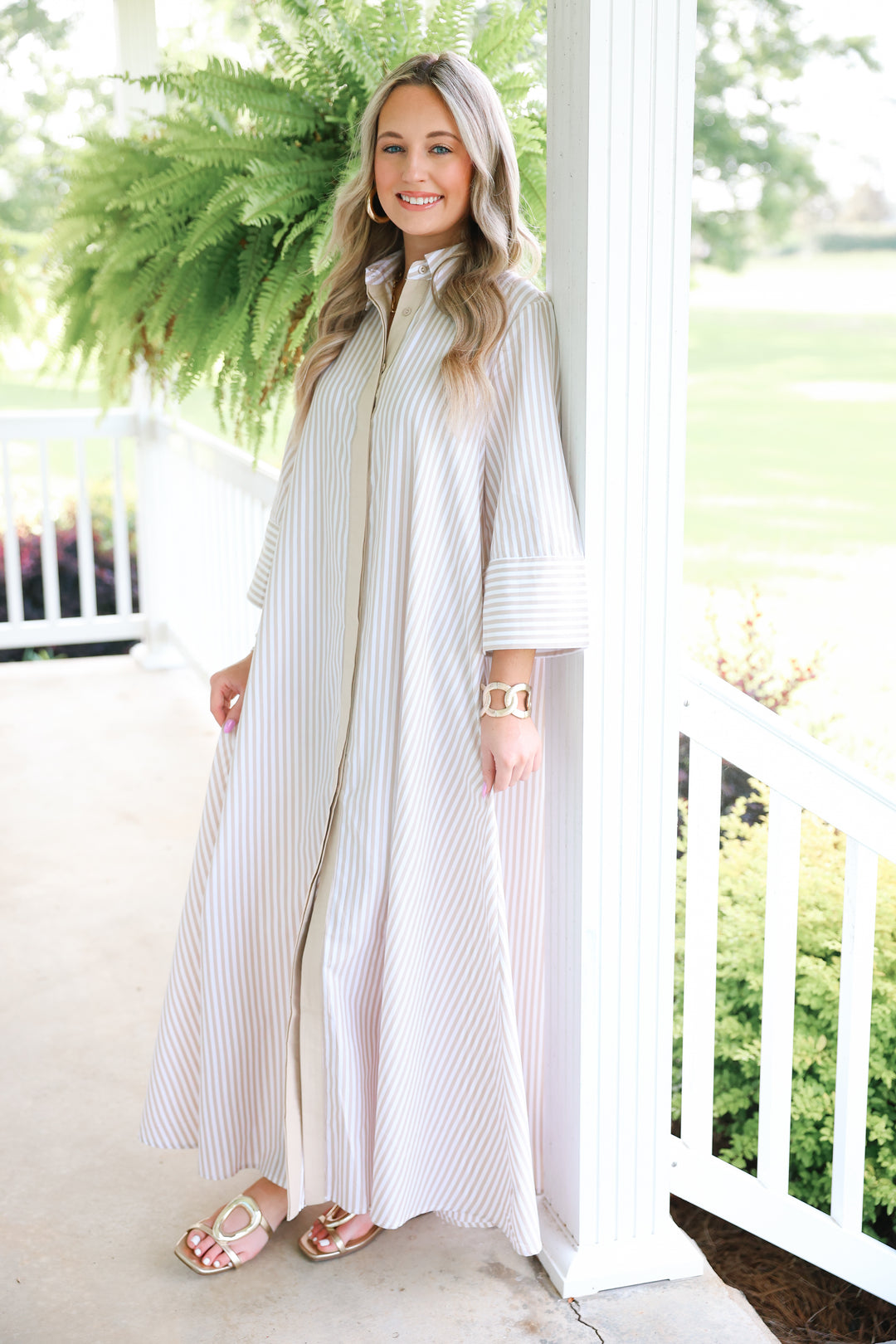 Striped Maxi Shirt Dress "Tan"