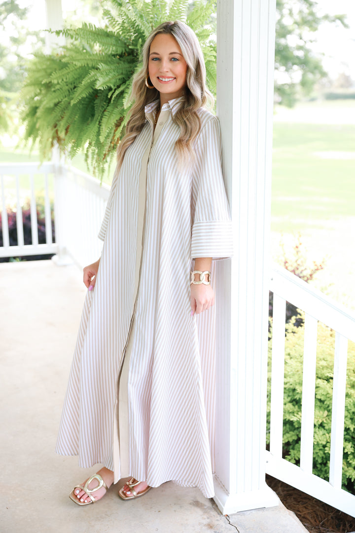 Striped Maxi Shirt Dress "Tan"