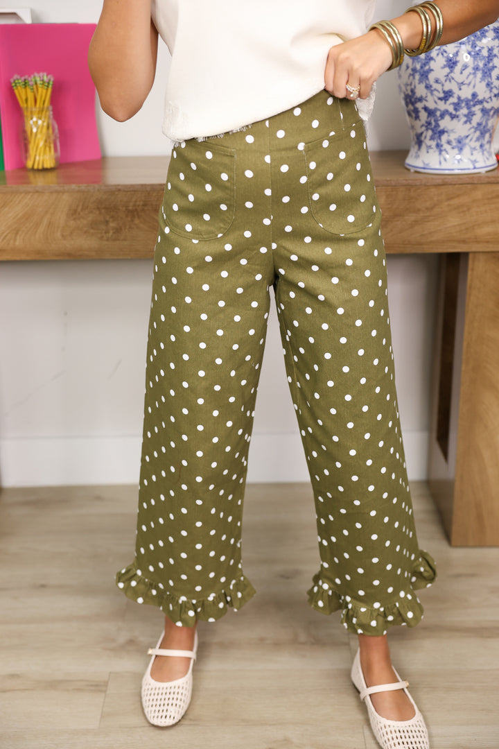 Polka Dot Ruffle Hem Pants "Olive"