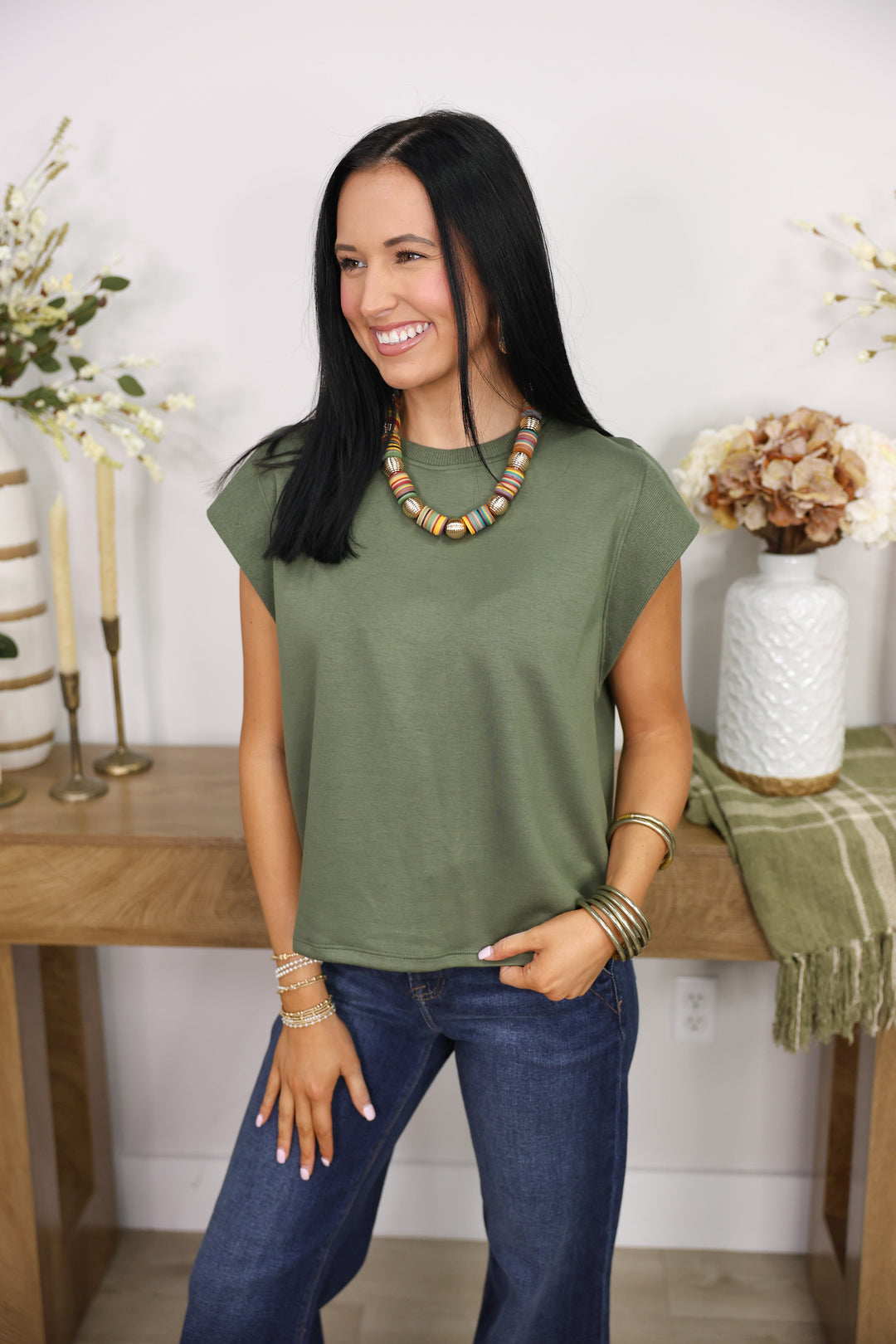 Solid Cap Sleeve Crew Neck Top "Olive"