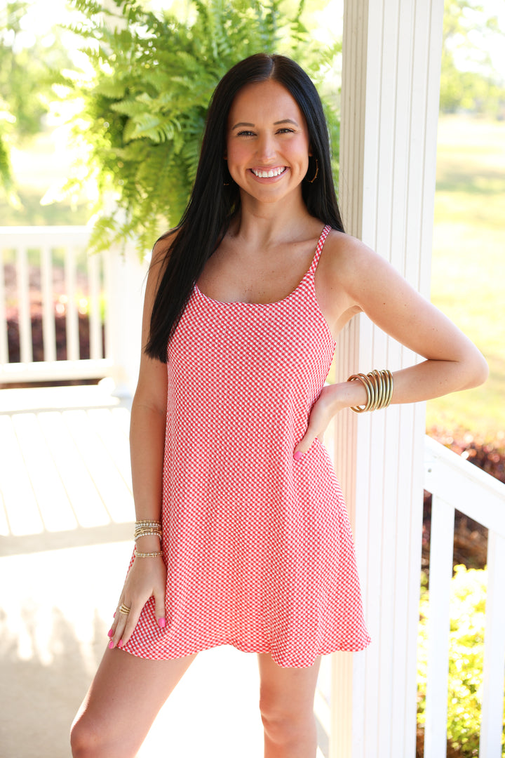 Textured Checkered Knit Activewear Mini Tennis Dress "Red"