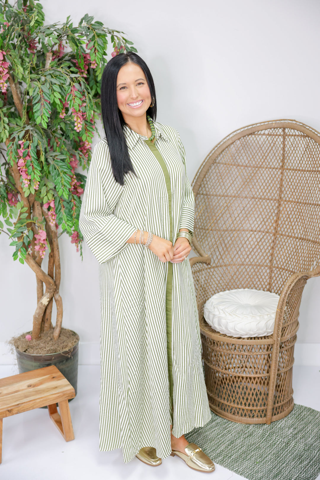 Sarah Striped 3/4 Sleeve Midi Dress "Olive"