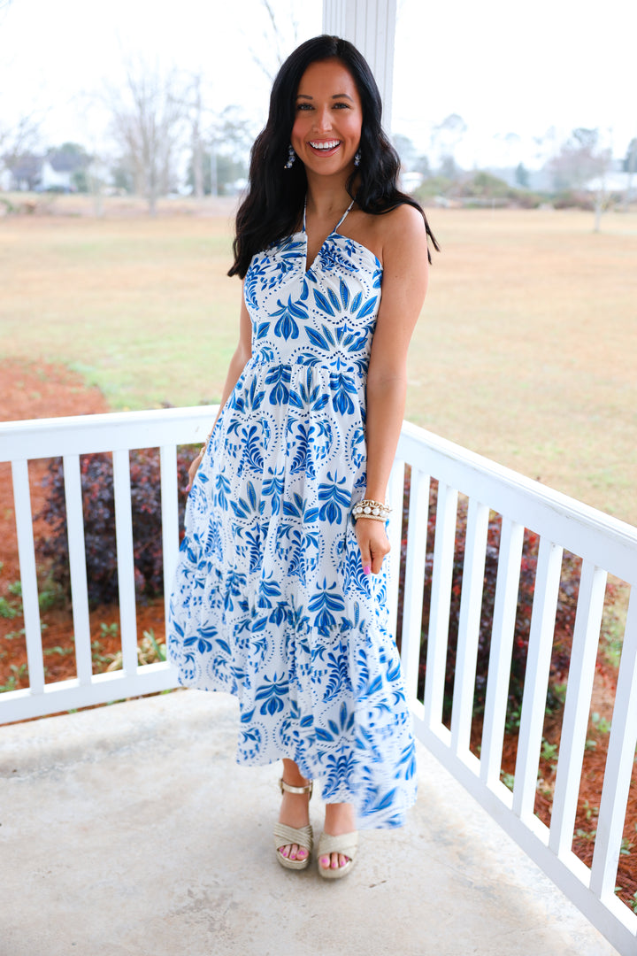 Happily Ever Halter Neck Dress "White/Blue"