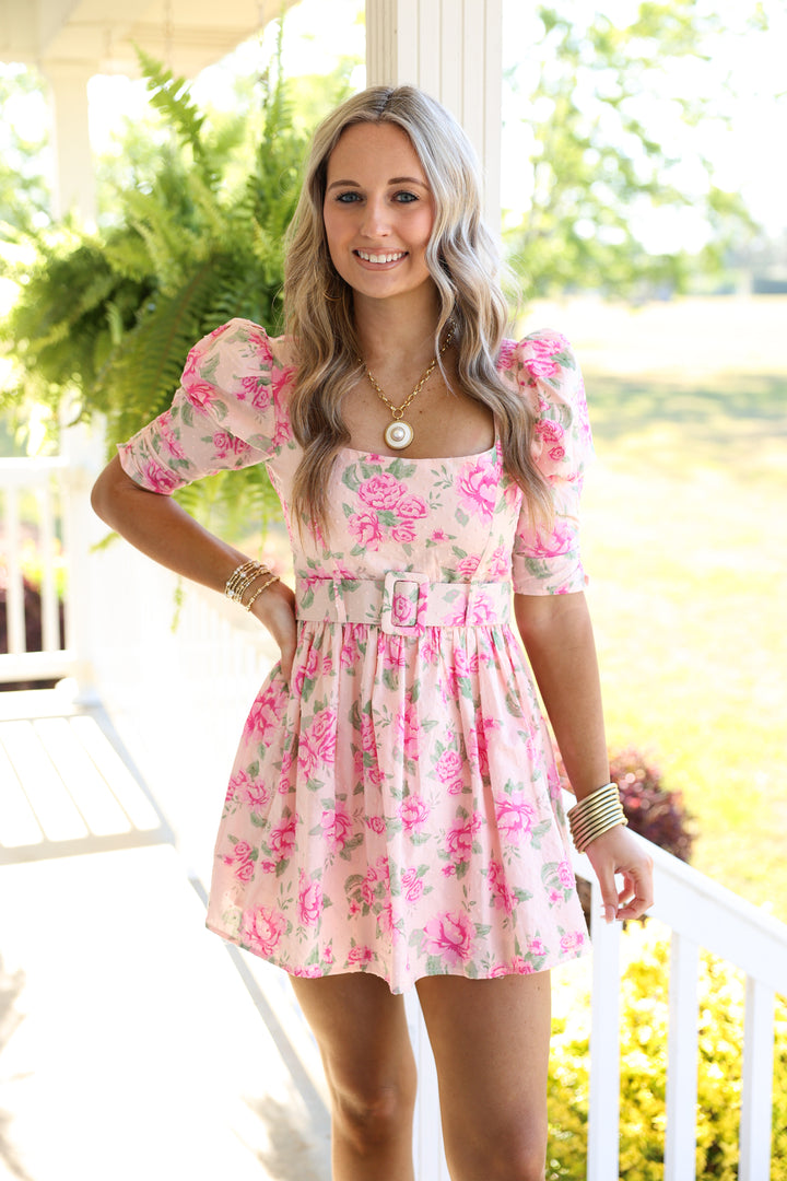 Maria Floral Belted Puff Sleeve Mini Dress