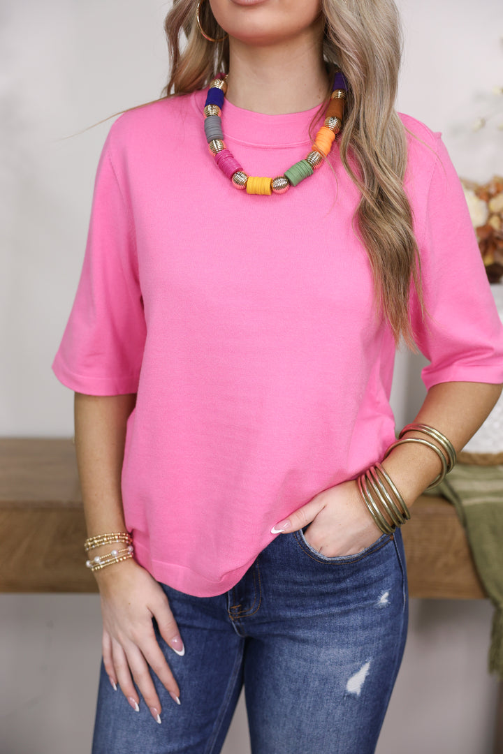 Half Sleeve Round Neck Comfy Sweater Top "Pink"