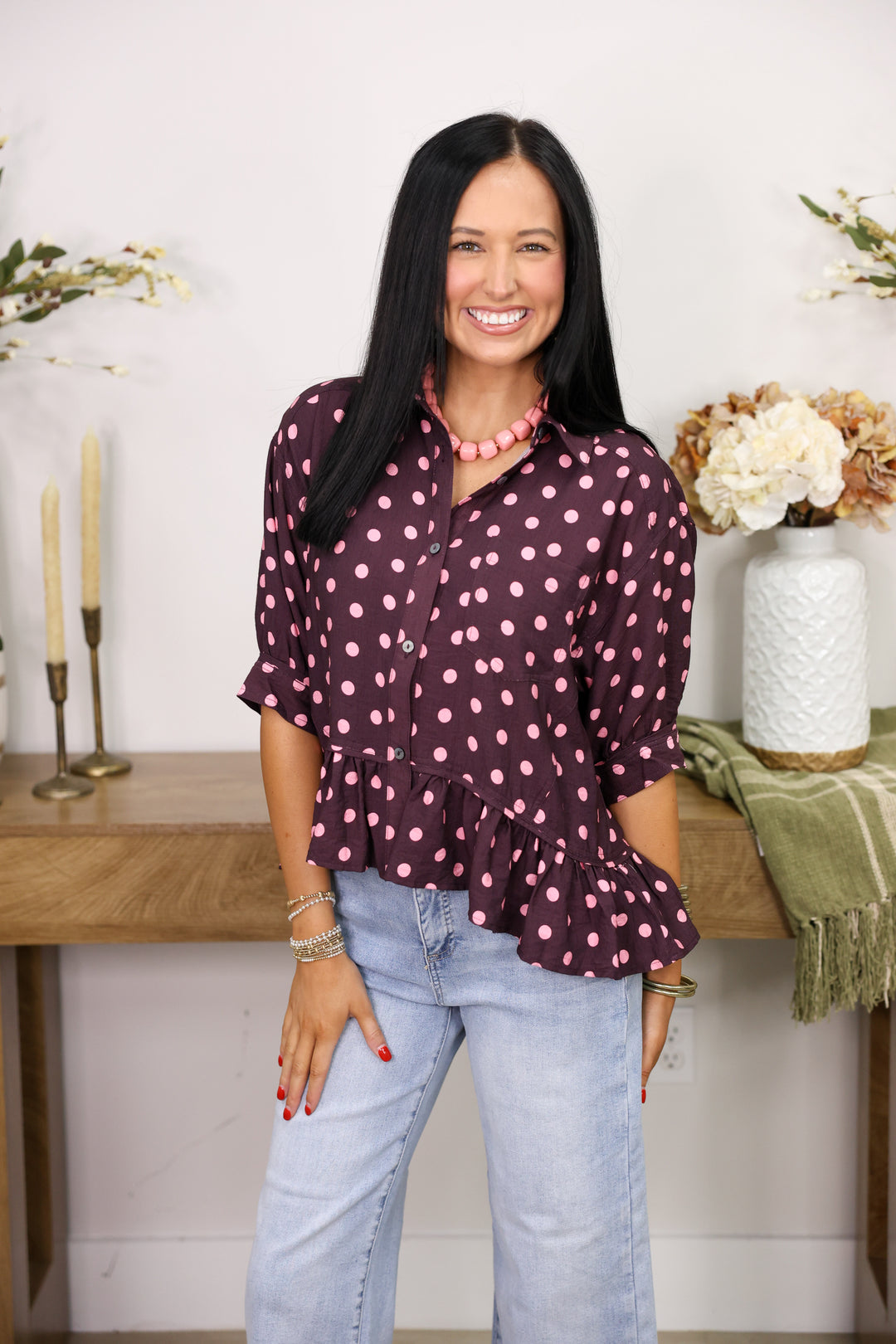 Polka Dot Short Sleeve Button Down Top "Wine/Pink"