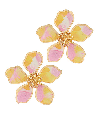 Watercolor Pattern Printed Metal Flower Earrings "Gold/Pink"