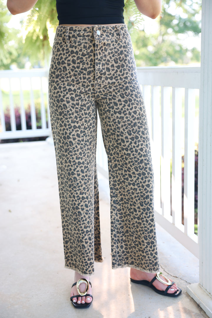 Leopard Twill Denim Frayed Hem Wide Leg Pants