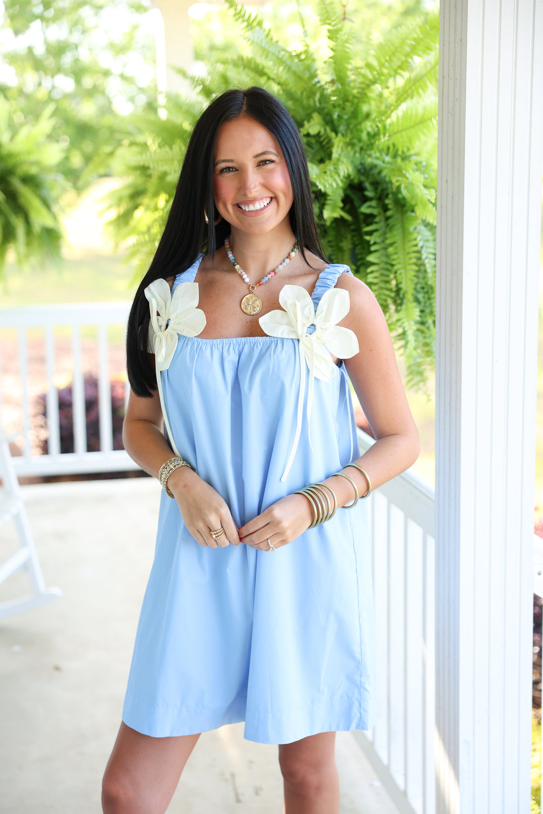 Poplin Mini Dress W/ Contrast Flower Applique "Blue/Cream"