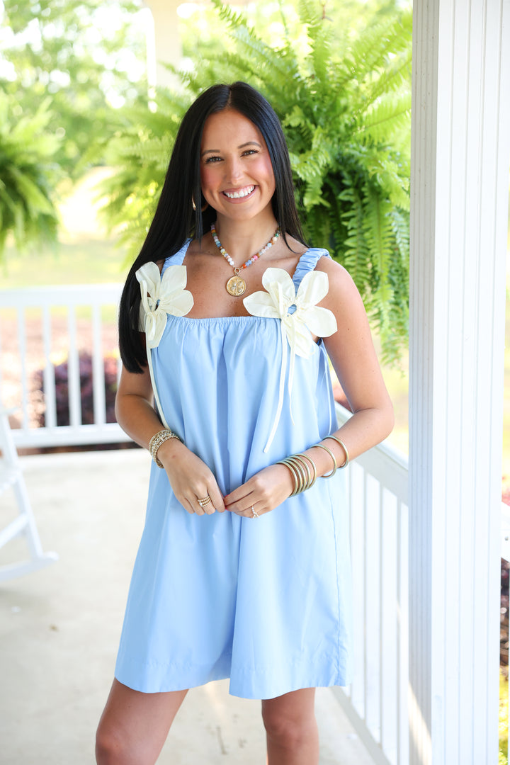 Poplin Mini Dress W/ Contrast Flower Applique "Blue/Cream"