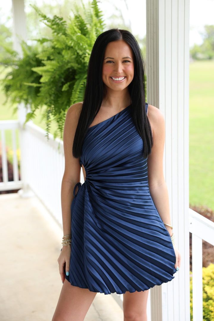 Lena One Shoulder Pleated Mini Dress "DK Navy"