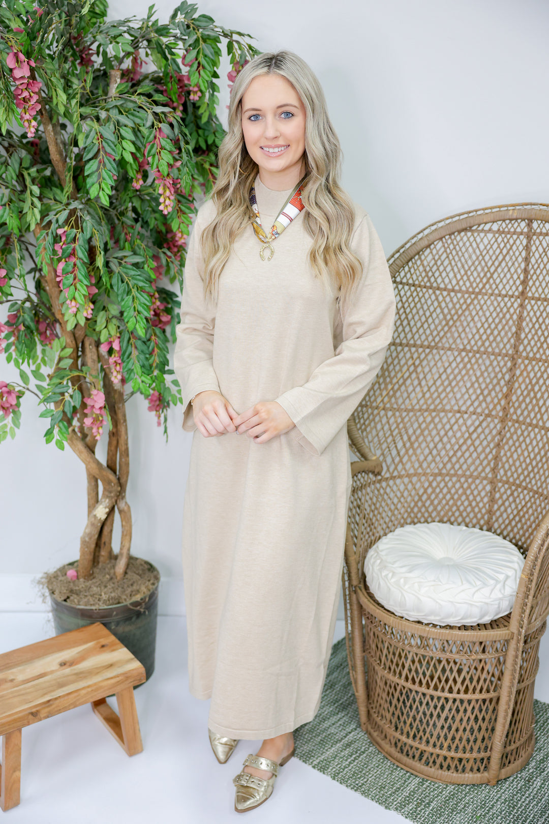 Solid Mock Neck Long Sleeve Midi Dress "Sand"