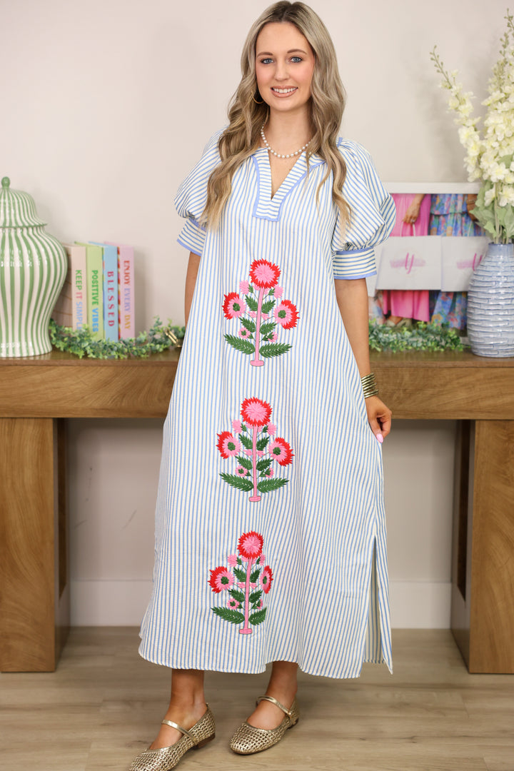 Sunday Stroll Stripe Floral Embroidery Dress "Blue"