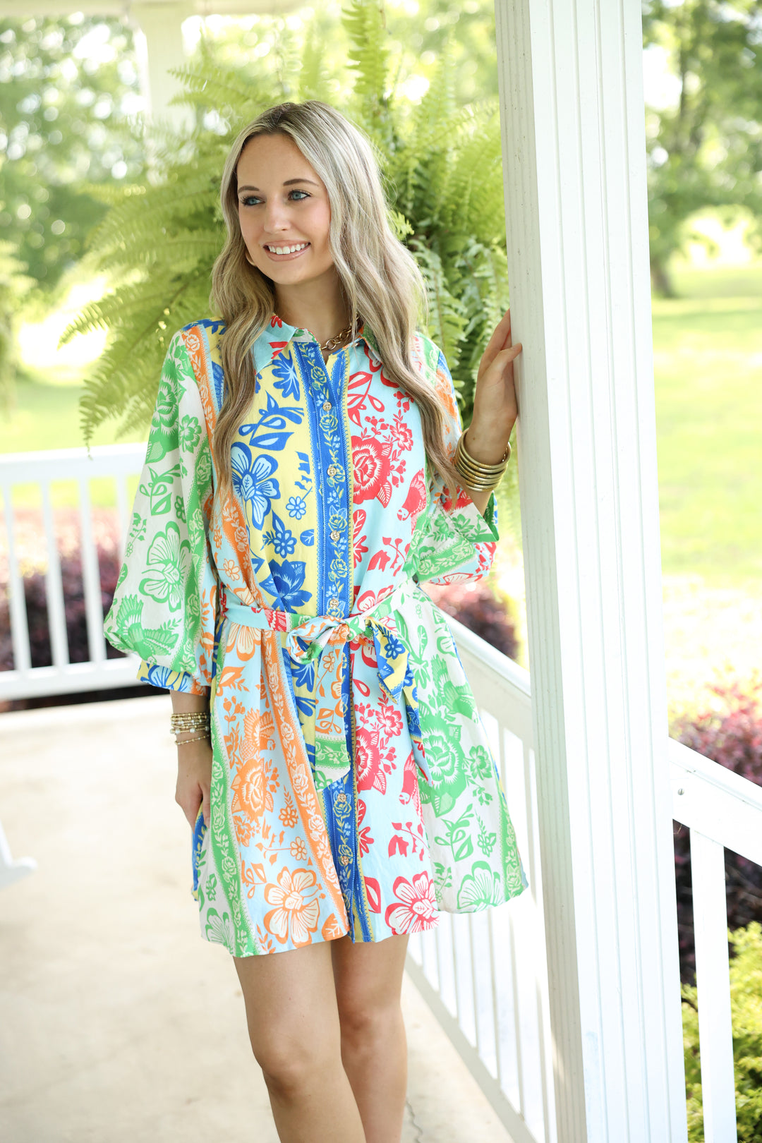 Botanical Stripe Print 3/4 Puff Sleeve Mini Dress "Green Multi"