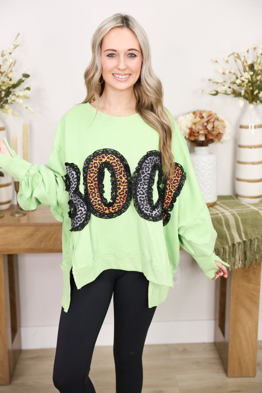 Leopard 'BOO' & Lace Detailed Patch Sweatshirt "DK Lime"