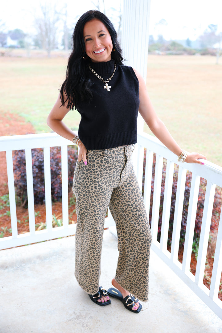 Mid Rise Leopard Twill Denim Frayed Hem Wide Leg Pants