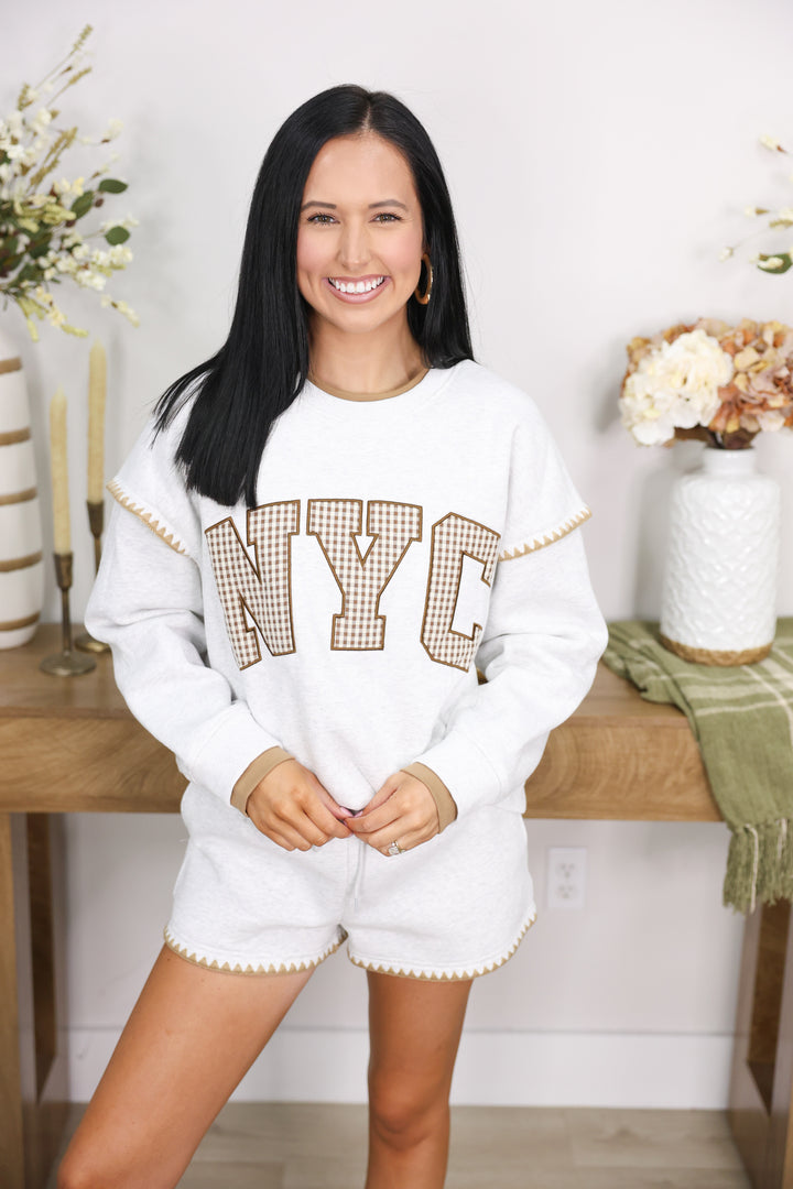 NYC Graphic Pulllover Top & Shorts Set "LT H Grey/Brown"