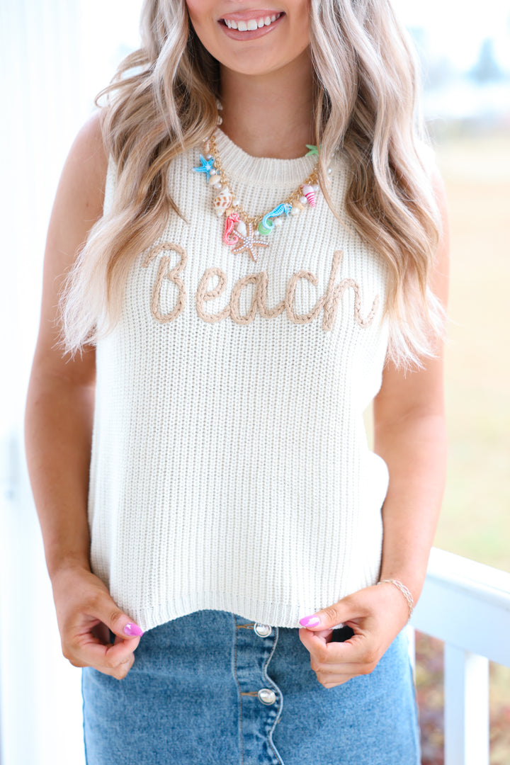 Round Neck "BEACH" Sweater Tank Top "Off White"