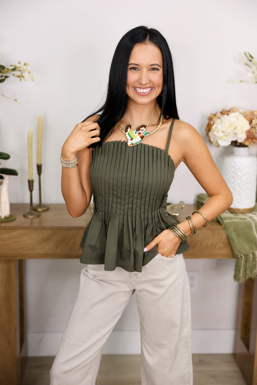 Solid Pleated Cami Top "Army"