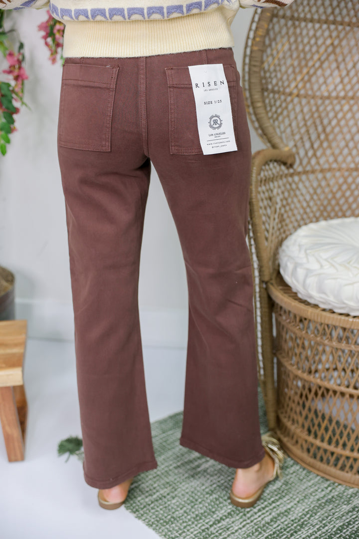 Risen - High Rise-Ankle Flare Patch Pocket Jeans "Choco Brown"