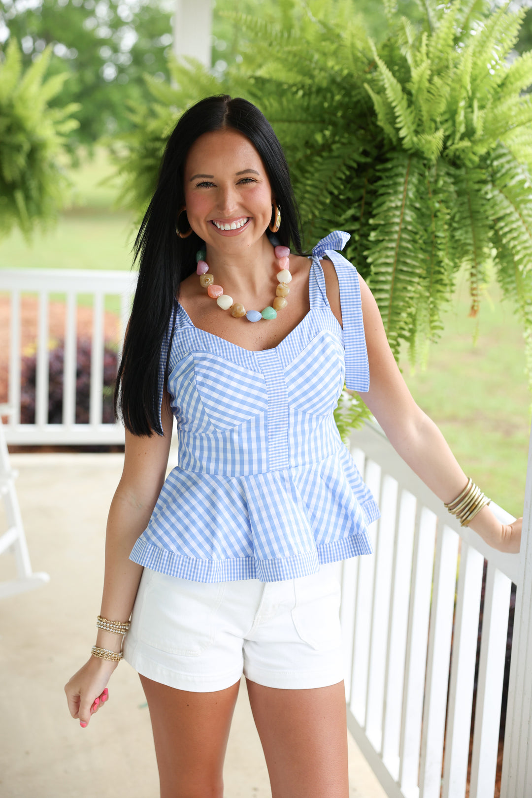 Gingham Sleeveless Peplum Top "Lt Blue"