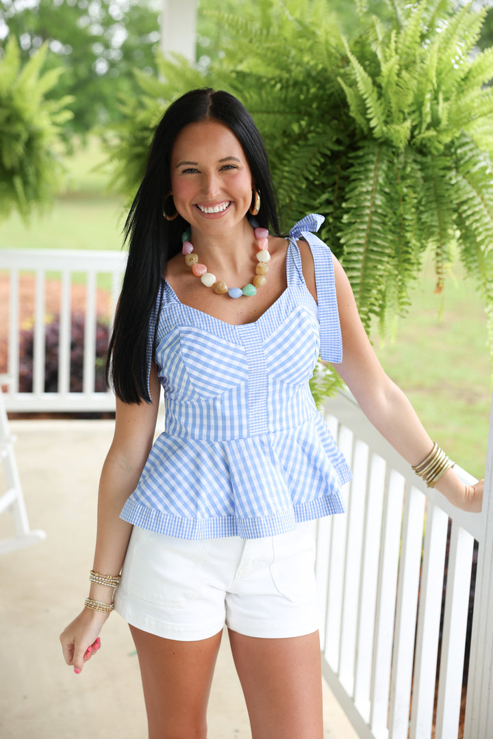 Gingham Sleeveless Peplum Top "Lt Blue"