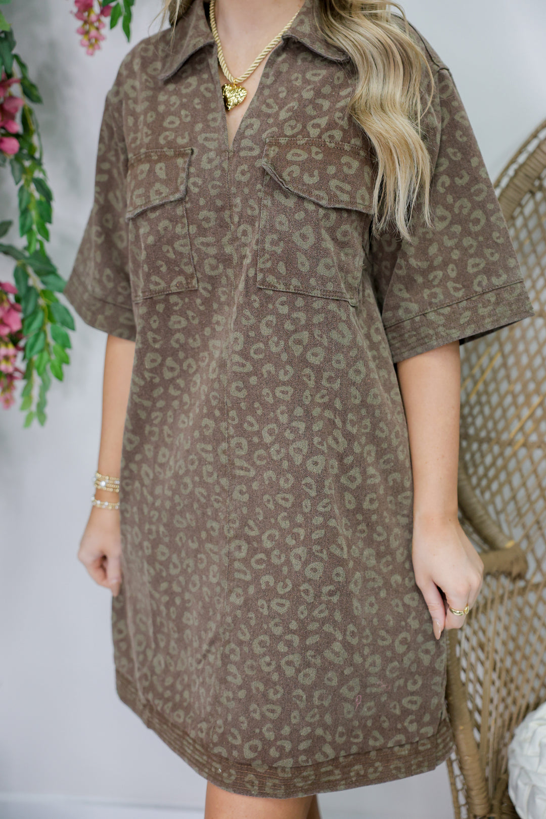 Woven Washed Animal Print Collared Mini Dress "Brown"