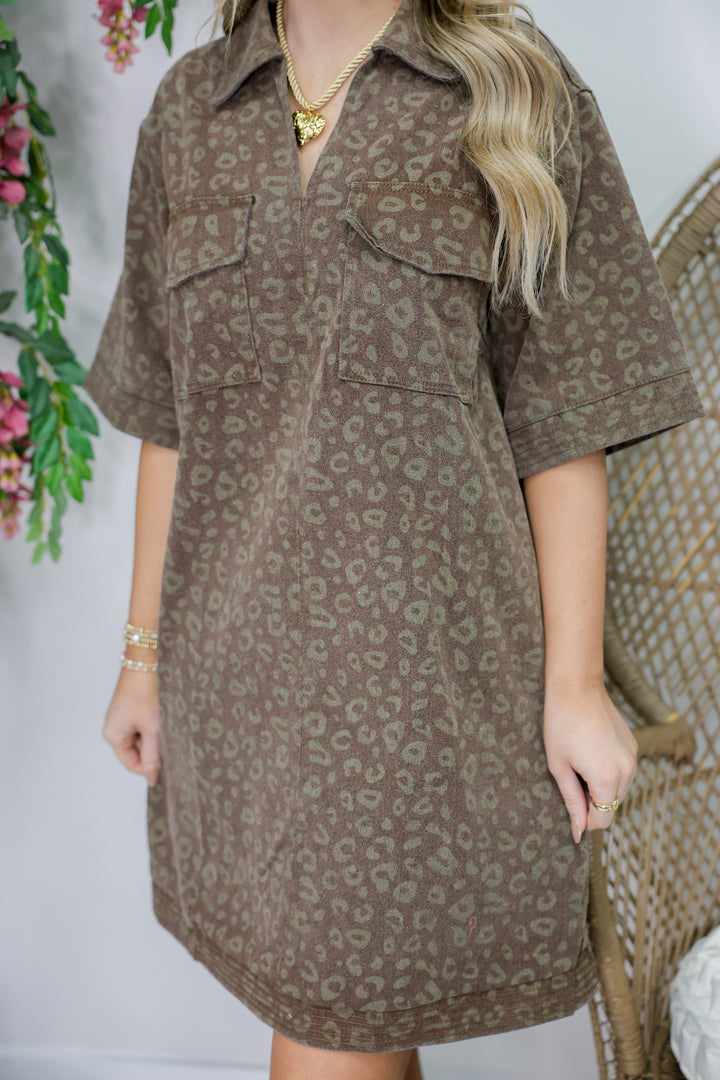Woven Washed Animal Print Collared Mini Dress "Brown"