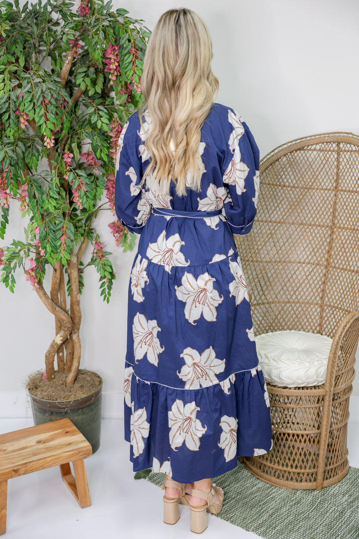 Demi Floral Print  3/4 Sleeve Midi Dress "Navy"