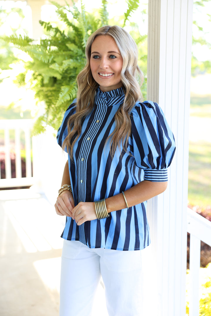 Seaside Striped Print Short Puff Sleeve Top "Navy"