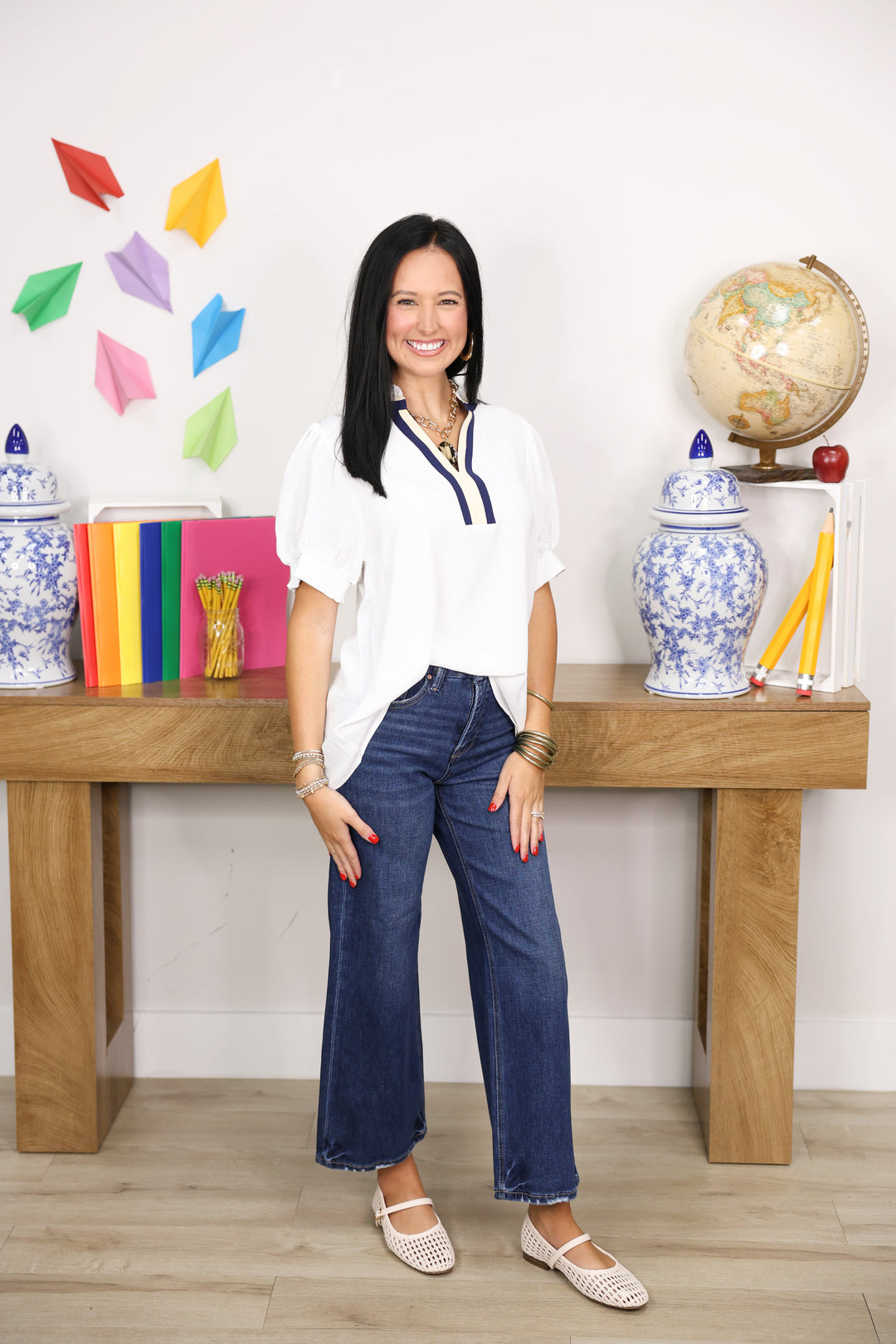 Color Contrast Accent Ruffled Neckline Top "Off White"