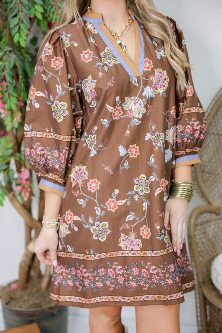 Botanical Print 3/4 Puff Sleeve Mini Dress "Brown"