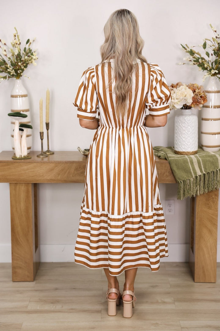Sally Striped Collared Short Puff Sleeve Midi Dress W/ Front Tie Detail "Cream Camel"