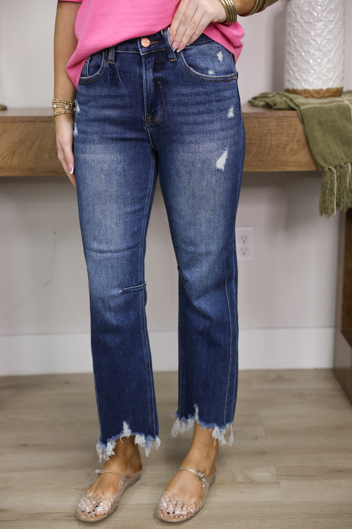 Risen - High Rise Crop Straight Distressed Hem Jeans "Dark"