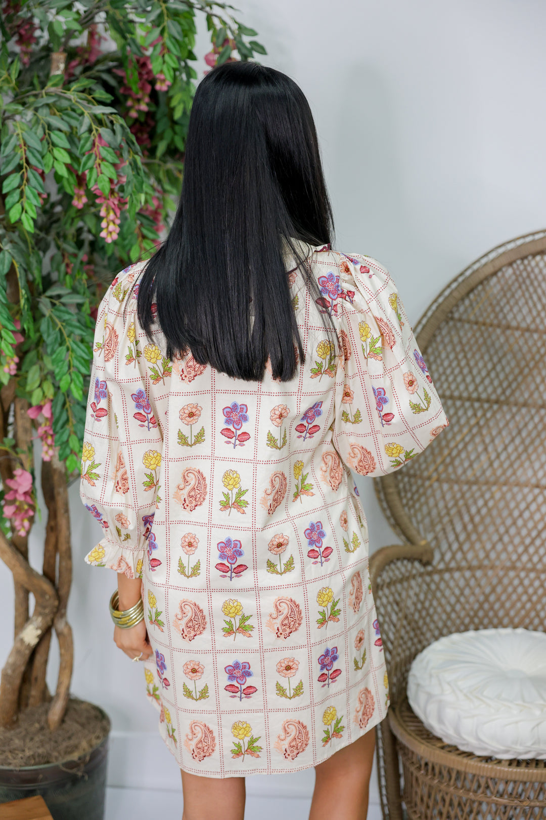 Fran Floral Print 3/4 Sleeve Mini Dress "Ecru"