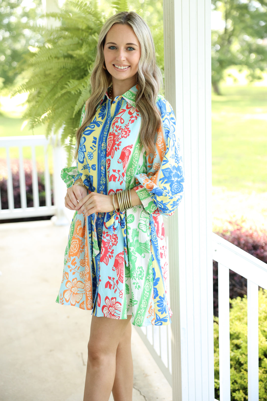 Botanical Stripe Print 3/4 Puff Sleeve Mini Dress "Green Multi"