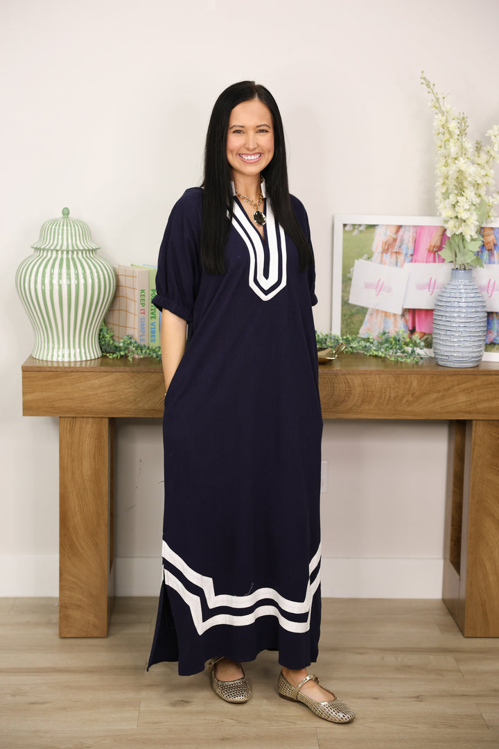 The Scarlet Trim Stunner Midi Dress "Navy"