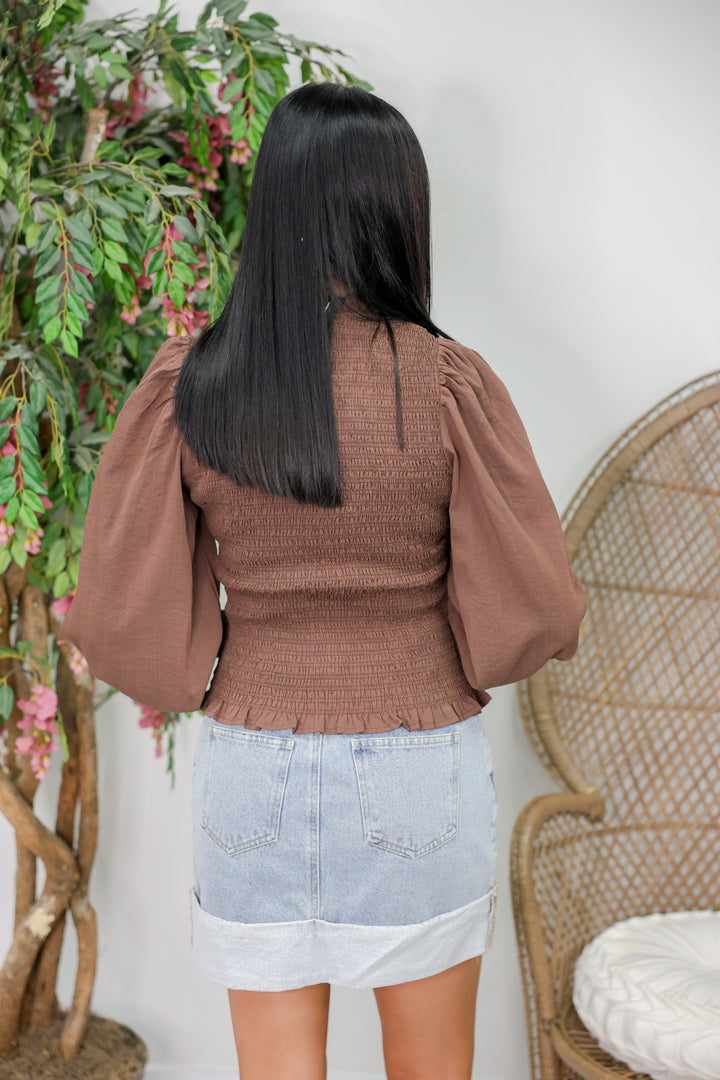 Solid Long Puff Sleeve Top "Espresso"