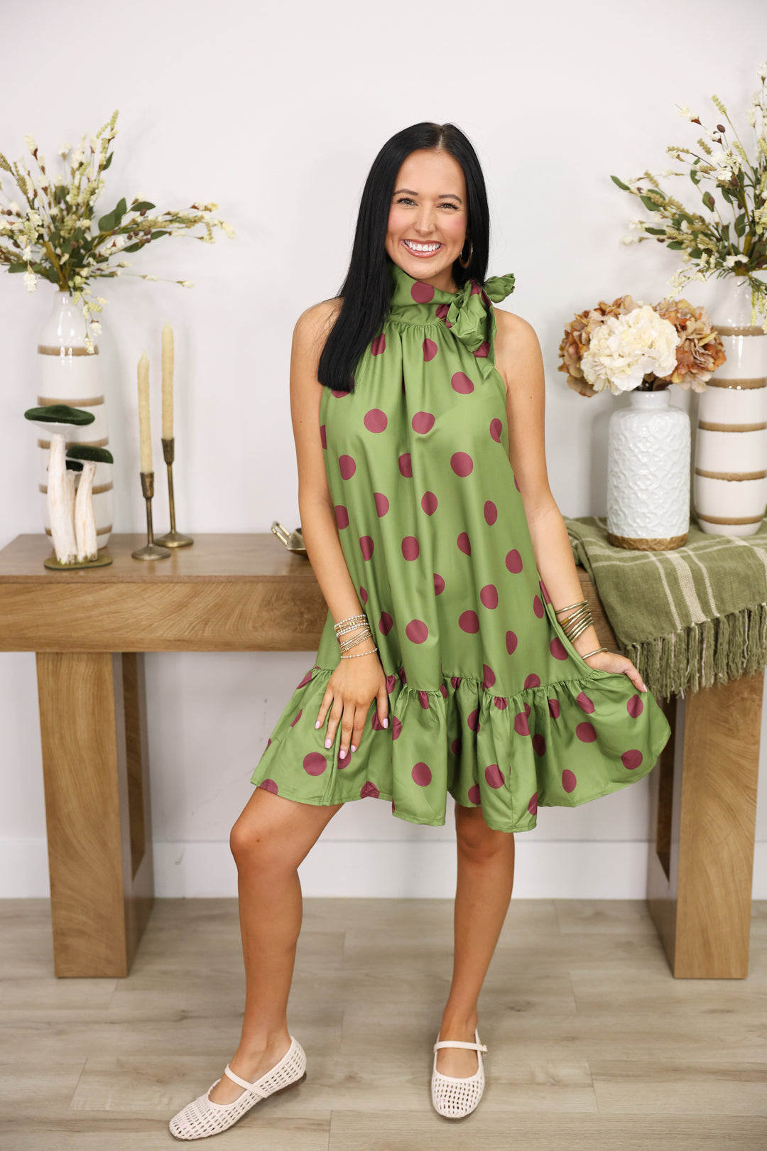 Tie Neck Sleeveless Polka Dot Mini Dress "Olive"