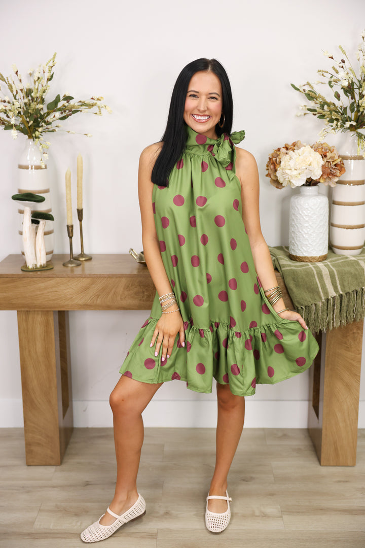 Tie Neck Sleeveless Polka Dot Mini Dress "Olive"