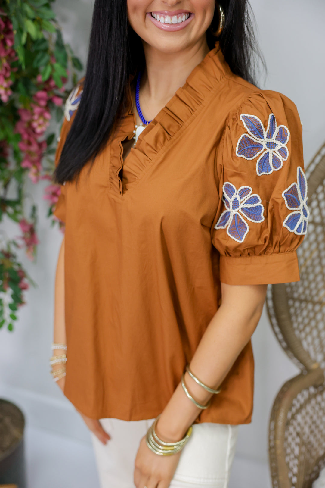 Floral Embroidered Sleeve Top "Caramel"