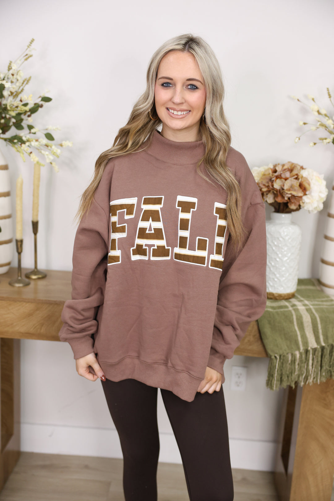 'FALL' Patterned Applique Embroidered Mock Neck Sweatshirt "Brown"