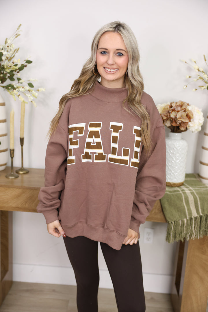 'FALL' Patterned Applique Embroidered Mock Neck Sweatshirt "Brown"