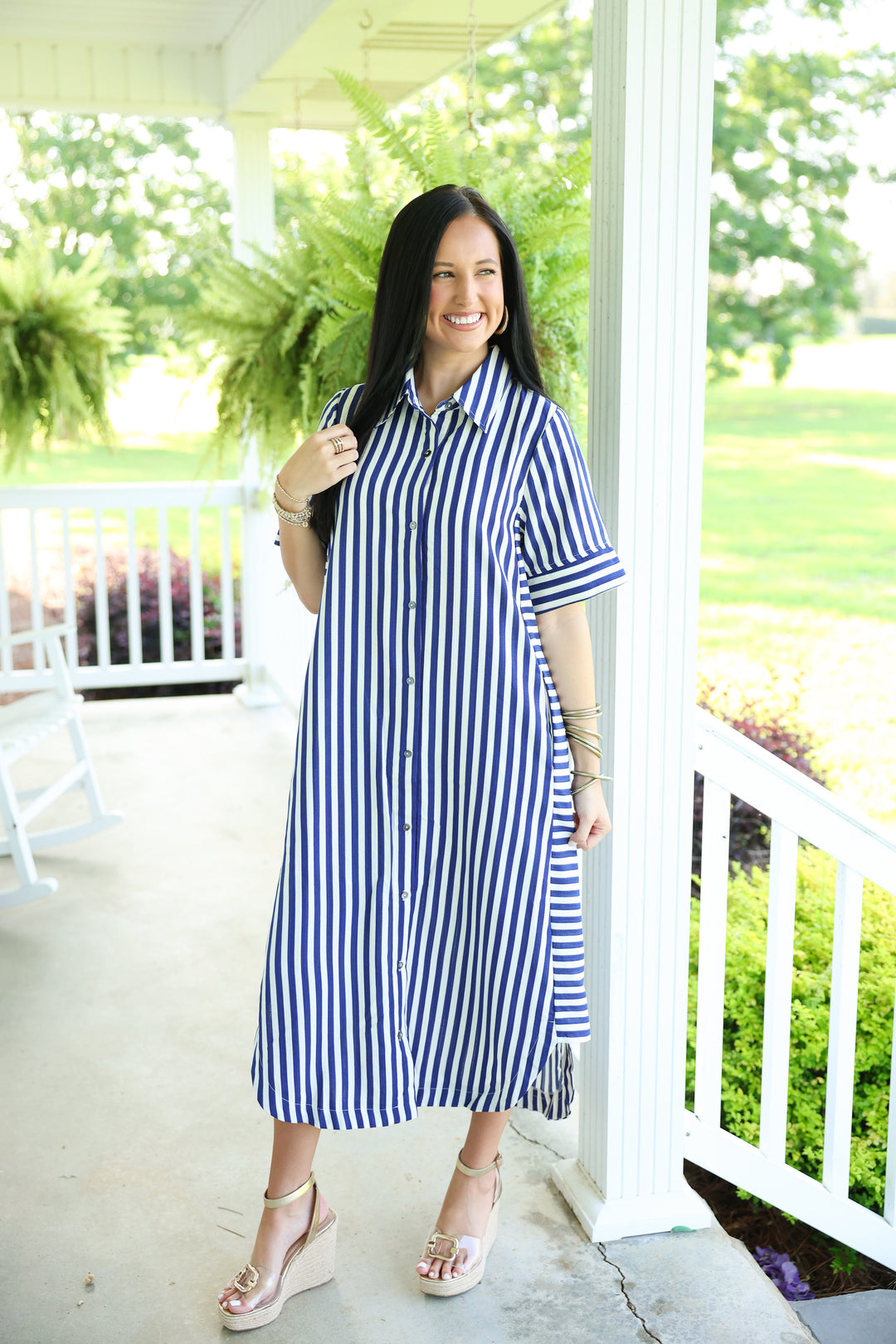Striped Short Sleeve Midi Dress "Navy"