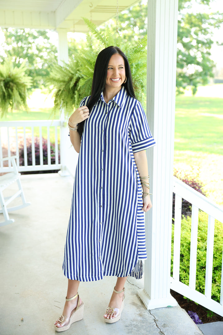 Striped Short Sleeve Midi Dress "Navy"