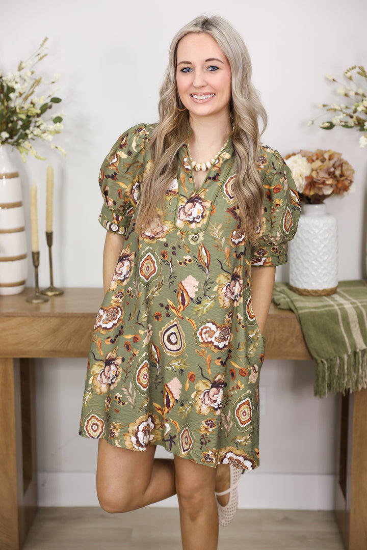 Floral Print Short Puff Sleeve Mini Dress "Olive"