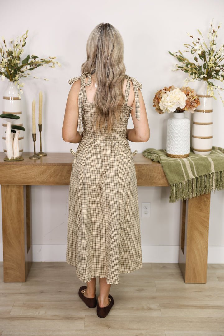 Plaid Smocked Bodice Midi Dress W/ A-Line Skirt & Shoulder Tie "Almond"