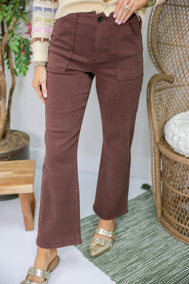 Risen - High Rise-Ankle Flare Patch Pocket Jeans "Choco Brown"