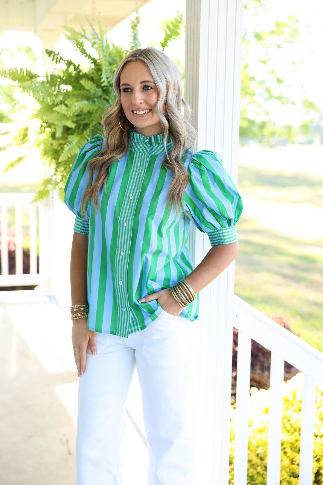 Seaside Striped Print Short Puff Sleeve Top "Green"