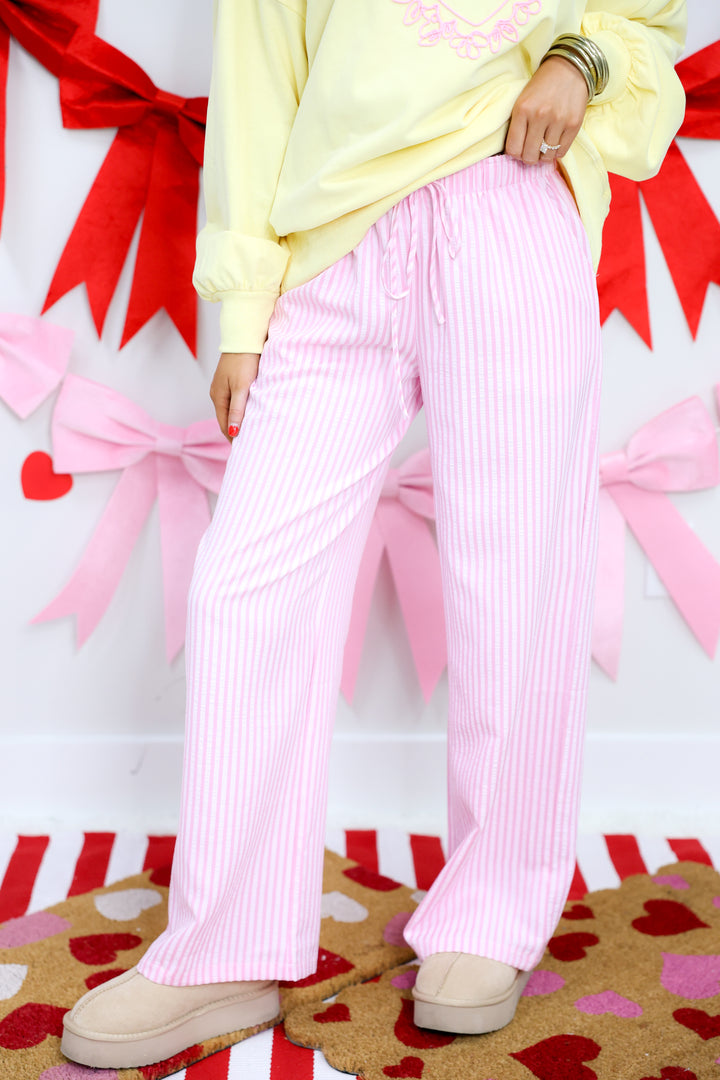 Waist Tie Detail Striped Long Pants "Pink"